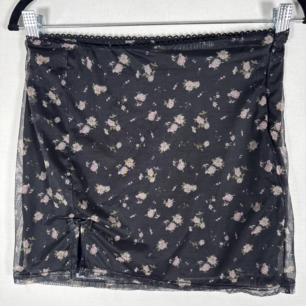 Emory Park Black Rose Print Stretchy Mesh Mini Skirt Side Slit Small
